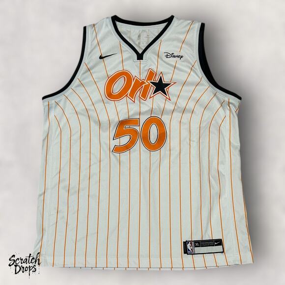 Youth XL Disney Dri Fit On Star Basketball Jersey White Orange Stripes NBA 21x28
